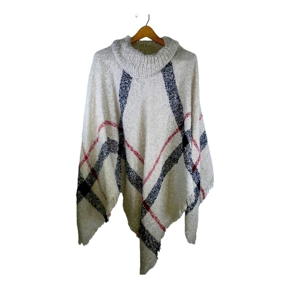 CHICWISH Women's Cape Shaggy Knit Fringe Black and Red Plaid One Size Fits All - Picture 2 of 8